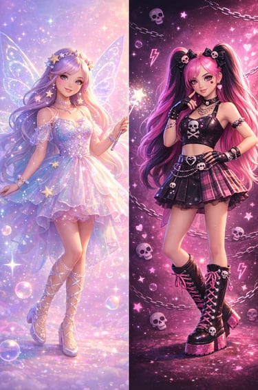 Split screen showing a pastel fairy princess and a dark goth anime girl with skulls.