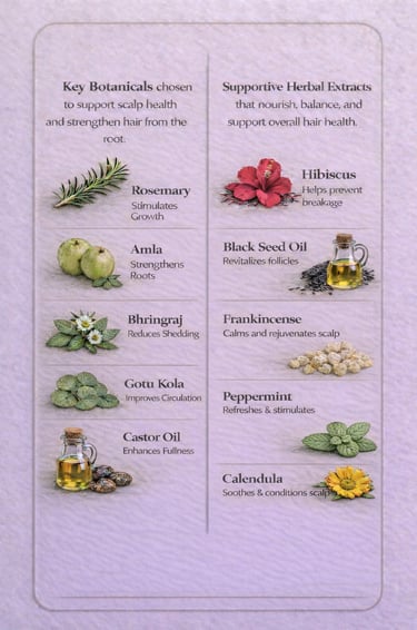 Botanical Ingredients in hail oil for thinning hair including rosemary, amla, and bhringraj 