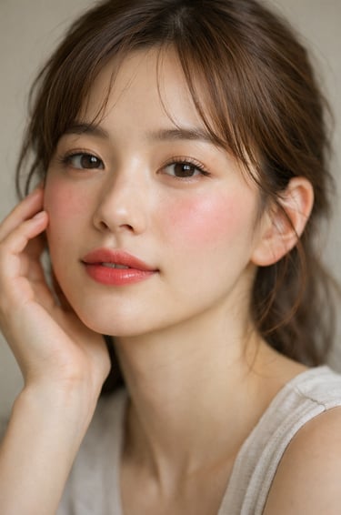 A young Asian woman with natural makeup, pink blush, and soft bangs posing for a portrait.