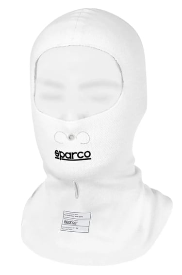 White Sparco fireproof racing balaclava for motorsport safety and head protection.