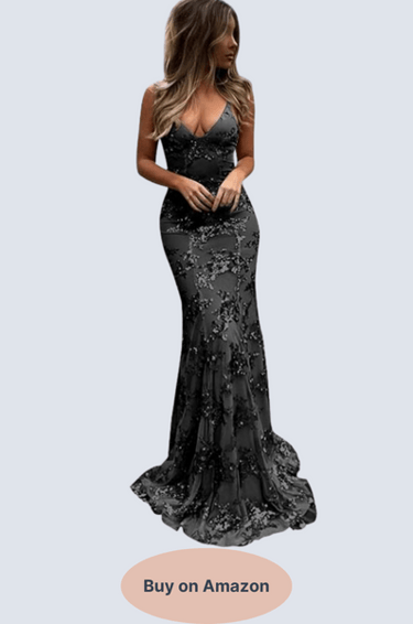 POMUYOO Women's Spaghetti Straps Sequin Mermaid Prom Dresses Long V-Neck Backless Evening Formal Gow