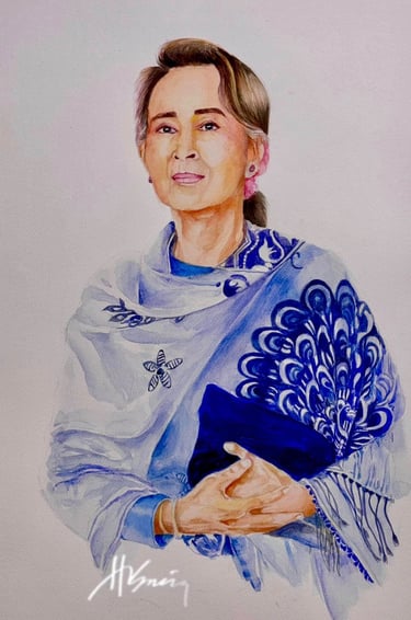 Aung San Suu Kyi in blue peacock pattern dress holding a blu hand bag