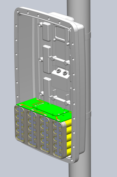 Internal view of Plasdev pole mount enclosure showing in built battery pack
