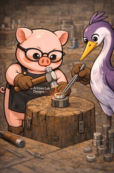 The Artisan Lab Designs mascot Milo and Lyra is hammering the silver to shape its form