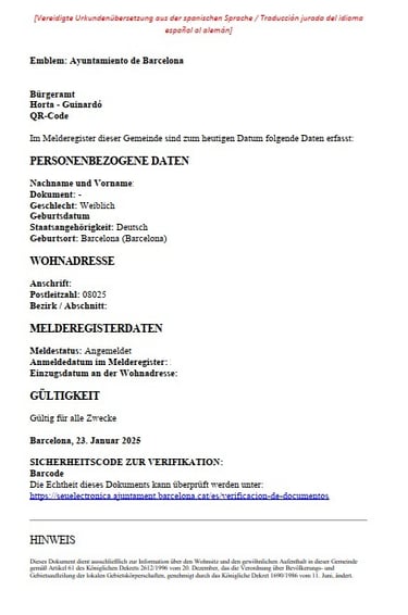 Ejemplo de traducción jurada al alemán, traducción alemana, página 1