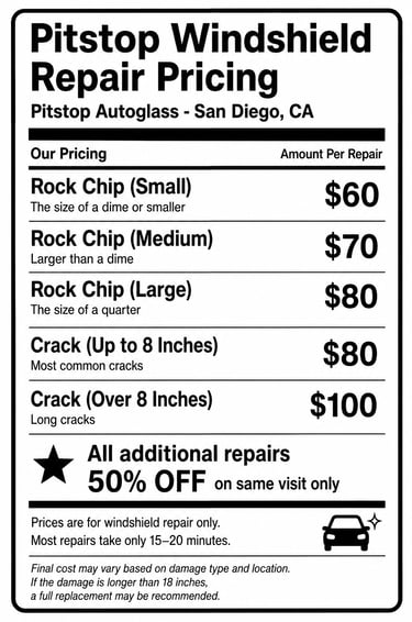 Pitstop Autoglass San Diego windshield repair pricing chart for rock chips and crack repairs.