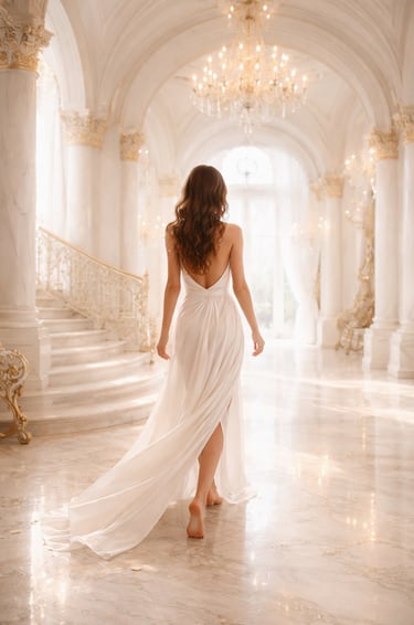 Barefoot woman walking through a golden palace representing sovereignty and power without surrender 