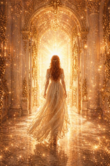 Woman in flowing gown walking into glowing golden light through ornate hallway, symbolizing transformation & spiritual awaken