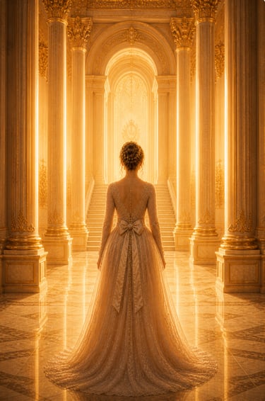 Elegant woman in a golden dress in a hallway with pillars looking up at french doors in golden light