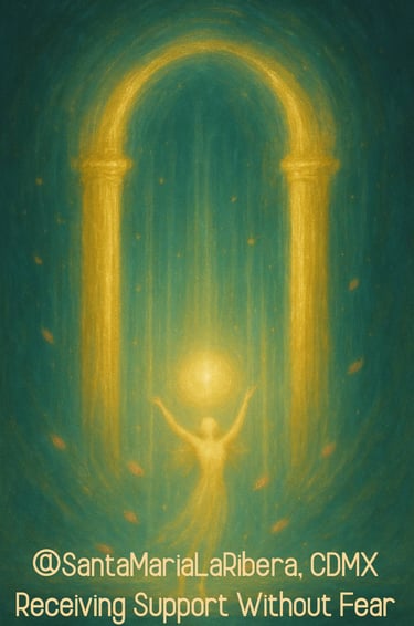 Abstract golden pillars of light forming a gateway with a glowing orb above a luminous woman