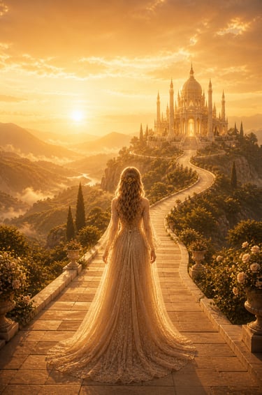 woman with long flowing blonde hair standing on a path towards a castle n the distance at sunset with mountains and roses