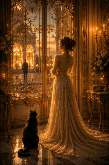 elegant woman looking out of a golden home into a courtyad where a man is walking. Black cat to her left