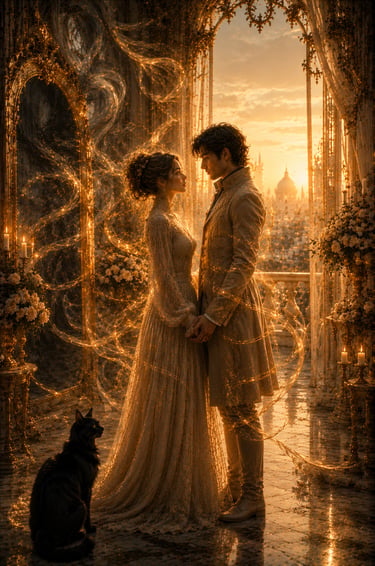 elegant couple in fronto f a mirror showing a spirit inside watching them sending twisting chains of negative enrgy
