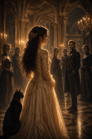 woman wearing an elegant silk golden dress with a black cat next to her in a rococo hall people wearing golden masks
