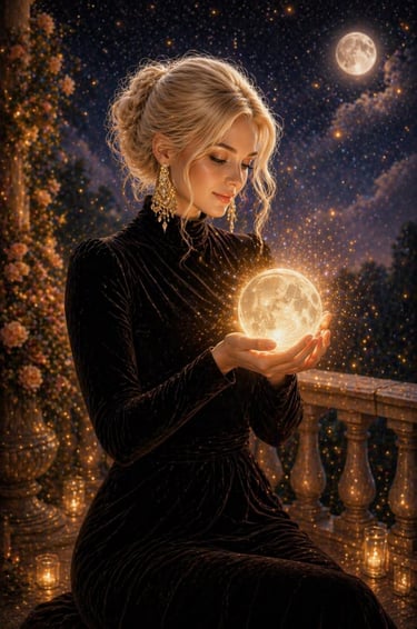 elegant blonde woman wearing a black velvet modest dress with golden chandelier earrings holding a lighted moon in her hands