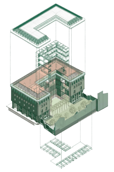 Vista tridimensionale assonometrica di Palazzo CorteVerdi con corte interna e terrazze verdi