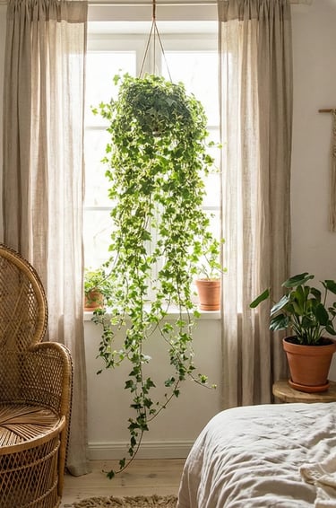 Modern balcony garden with lavender, rosemary, ivy, ferns, geraniums and ornamental grasses arranged