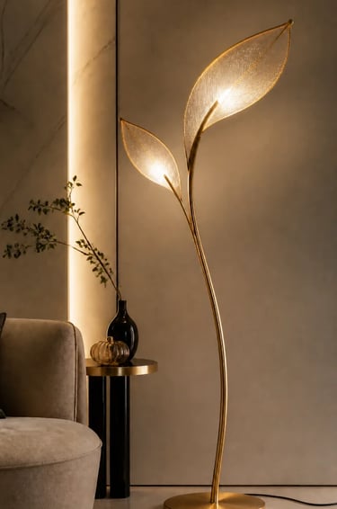 Modern outdoor floor lamp beside a lounge chair, creating a calm balcony lighting atmosphere.