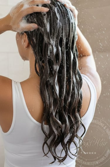 Woman washing long wavy hair extensions with shampoo in the shower for hair care.