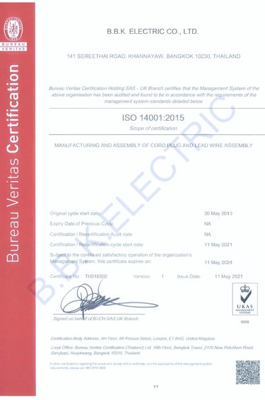 รับรองมาตรฐาน ISO14001 ของบีบีเค อีเลคตริค