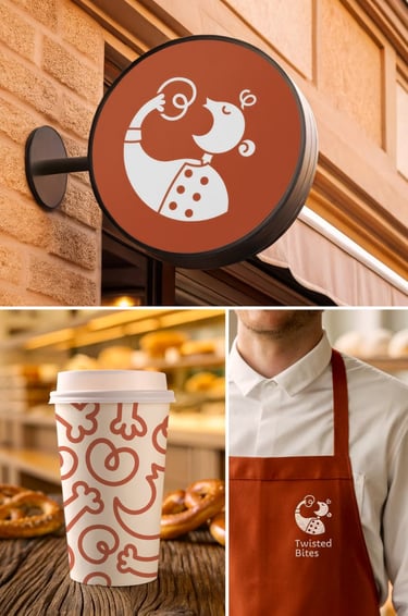 A bakery storefront sign, coffee cup, and apron featuring the Twisted Bites pretzel logo.