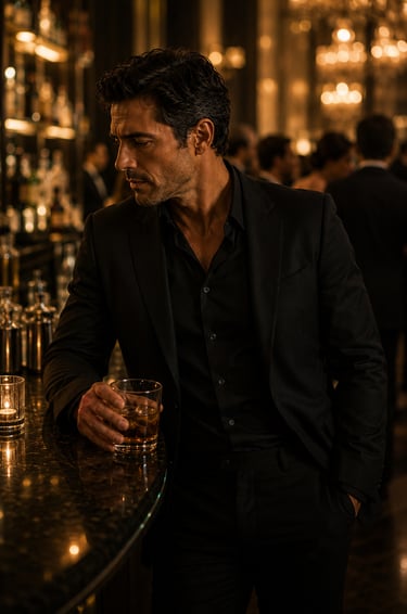 Hombre elegante observa pensativo una fiesta de fin de año desde la barra.