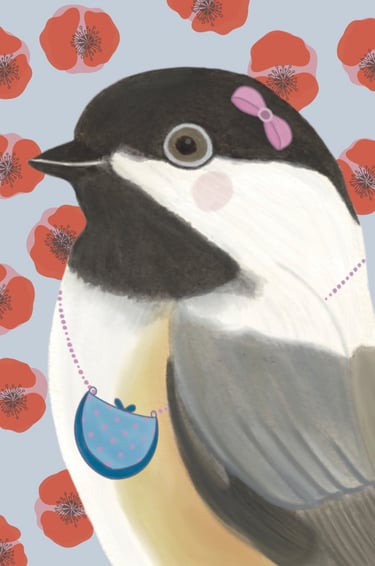 Illustration of a cute chickadee bird wearing a pink bow and blue purse against a red poppy floral background.
