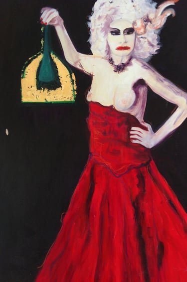 Expressive acrylic painting of a cabaret performer in a red dress holding a green Hand broom
