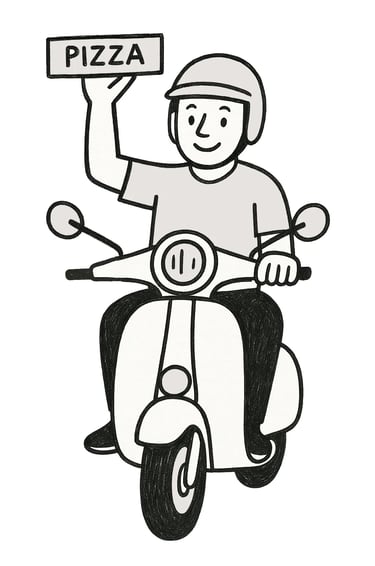 Motoboy em lambreta entregando pizza