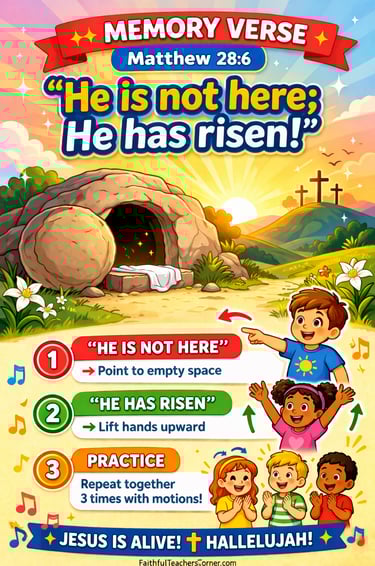 Matthew 28:6 memory verse with empty tomb and kids motions