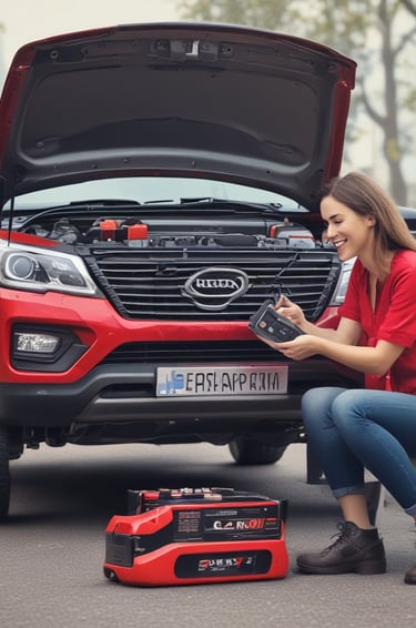 Close-up of a sleek AfriJump battery starter in use on a car battery at dusk.