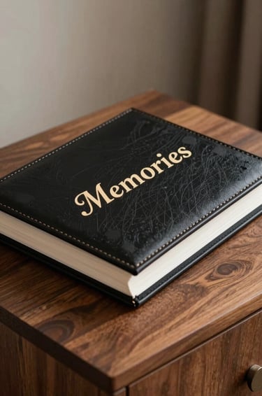 An elegant, hand-crafted photo album bound in black leather with champagne gold lettering 'Memories', placed on a sophisticated wooden side table in a luxury North American / US home.