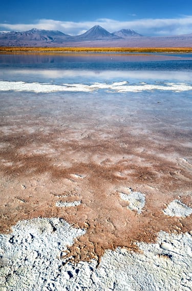 Lagune salée et volcan dans le désert d'Atacama au Chili