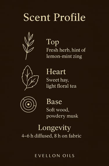 Scent chart with fresh herb top, hay heart, soft wood base, 4-6h diffusion, 8h fabric life