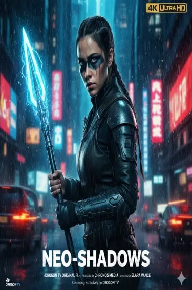 Cyberpunk warrior woman holding a glowing blue energy spear in a rainy futuristic city for Neo-Shadows movie poster.