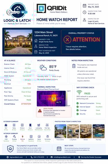 Logic & Latch Elite Home Watch diagnostic report for a Lakewood Ranch estate, showing thermal issue