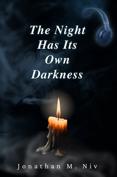 candle glowing in blue darkness, surrounded by soft mist, with a pair of magical luminous headphones