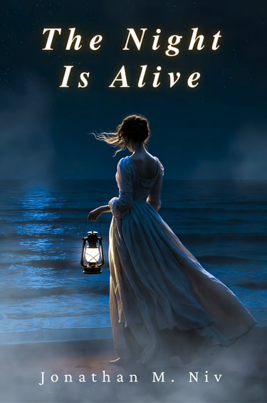 Woman in a flowing dress standing by the sea at night, holding a lantern as wind moves through her h