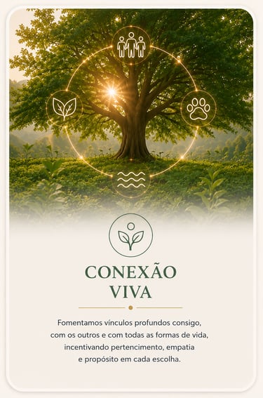 Conexão Viva apresentando a grande árvore ao por do sol com  pessoas, animais e natureza.
