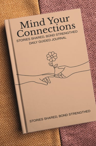 Mind Your Connections daily guided journal with minimalist line art of hands and a flower.