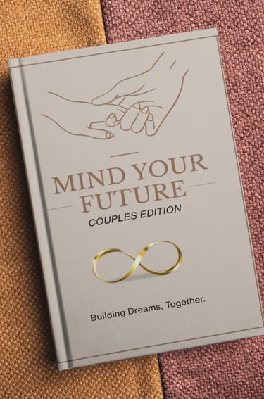 Mind Your Future Couples Edition journal with a gold infinity symbol on a textured fabric background.
