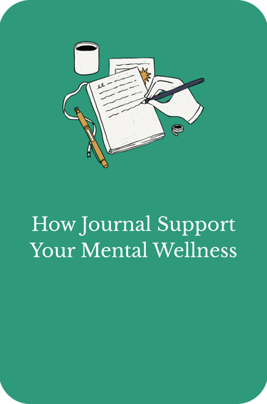 Illustration of a hand journaling for mental wellness with a notebook and coffee cup on a green background.
