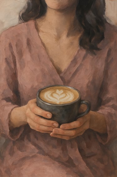 seorang ibu memegang secangkir oat latte 