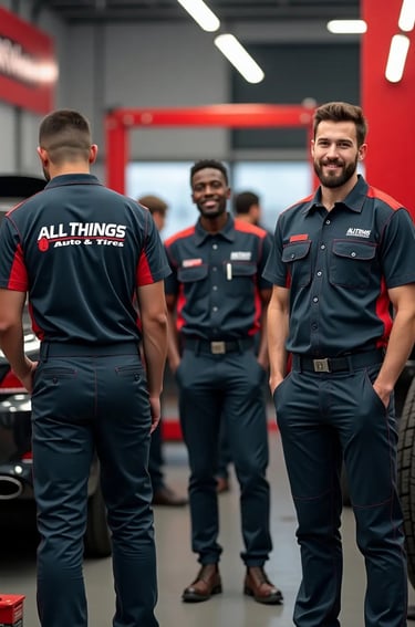  "Mechanics at All Things Auto & Tires in uniform, standing and smiling inside a professional auto r