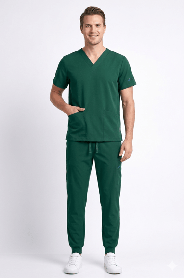 Profesional de la salud masculino vistiendo uniforme médico verde oscuro y zapatillas blancas.