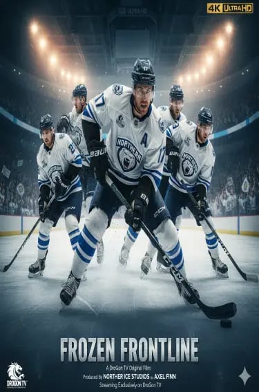 Movie poster for Frozen Frontline featuring ice hockey players in white jerseys on a bright arena rink.