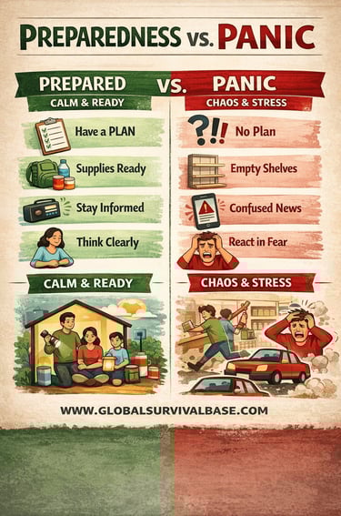 preparedness vs panic infographic comparing calm planning versus chaos in emergencies