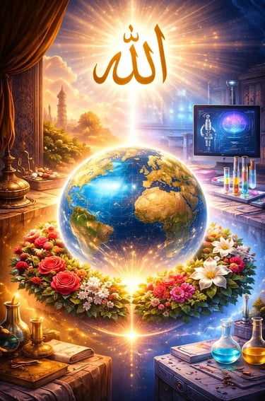 Allah above the Earth; scientific tools nature, divine creation, faith, knowledge  harmony between Islam and modern science