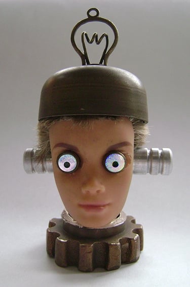 Assemblage robot head named Astroboy built by artist Tal Avitzur.