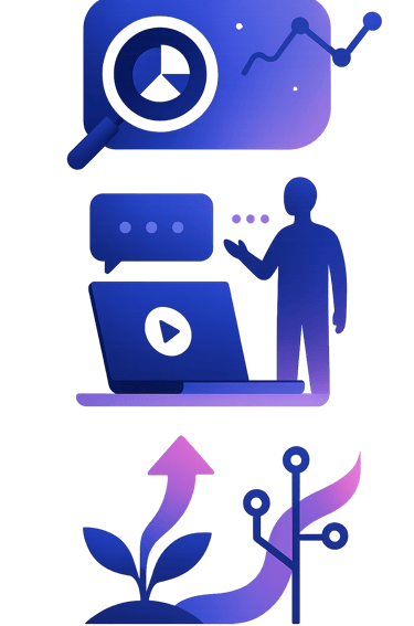 Symbolgrafik für KI-Workshops: Analyse, Praxis-Workshop, Live-Demos und Wissenstransfer